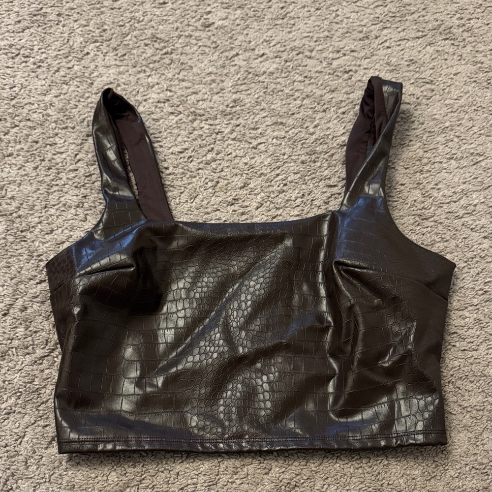 Black Croc-Embossed Faux Leather Crop Top